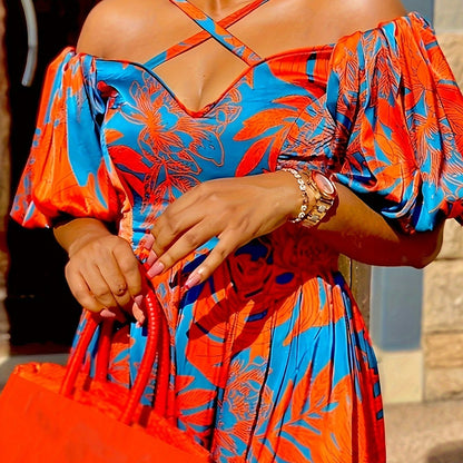 Vestido con cuello cruzado y estampado tropical de talla grande, estilo vacacional, con mangas abullonadas y dobladillo dividido, para primavera y verano, ropa de talla grande para mujer.