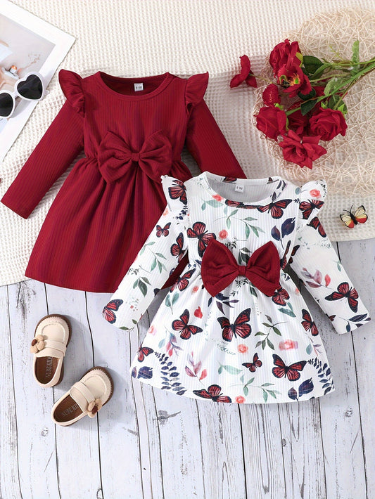 Two-piece Set Baby Girls Simple and Cute New Spring and Autumn Rose Butterfly Pattern Printed Small Flying Sleeve Round Neck Dress Solid Color Groove Dress Combination Set