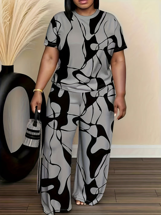 Stylish geometric gray and black color-block print casual set, featuring a minimalist art round-neck top paired with comfortable relaxed-fit pants, plus-size vacation trend elegant Women's ensemble