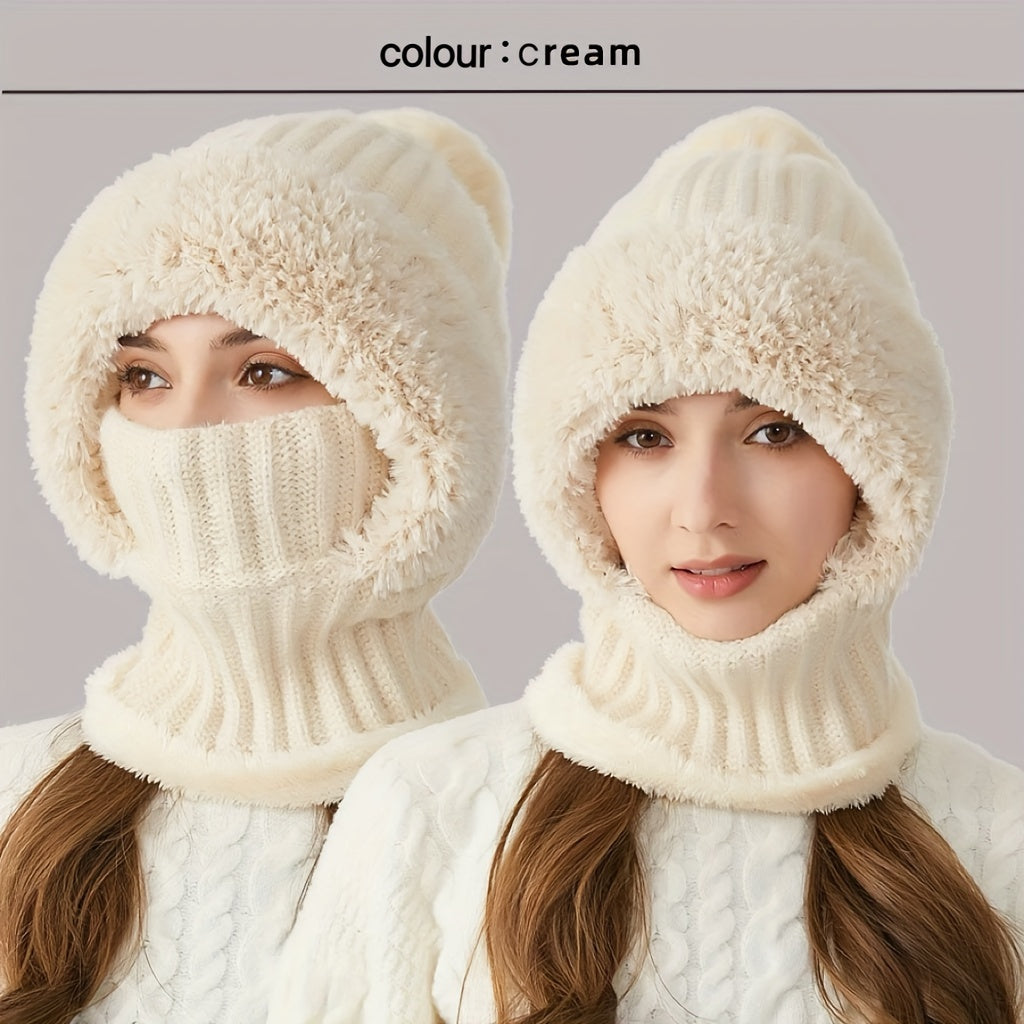 1pc Winter Warmth Acrylic Fleece-Lined Knit Beanie with Ear Flaps, Windproof Neck Gaiter Hood for Outdoor Cycling, Stretchable New Year'S Gift Hat, 100% Acrylic Woven Craftsmanship