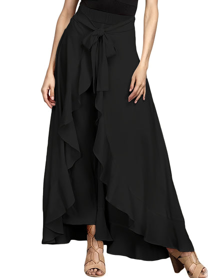 Plus Size Bow Tie Front Pants, Elegant Solid Asymmetrical Wide Leg Skirted Pants, Women's Plus Size Clothing