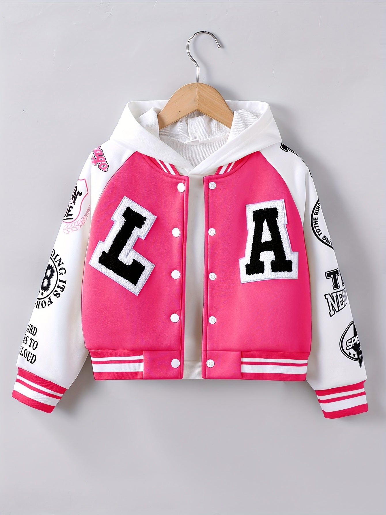 Alphabet LA Pattern Girl's Varsity Jacket, Raglan Color Block Thermal Lined Preppy Jacket Spring/ Fall Outerwear