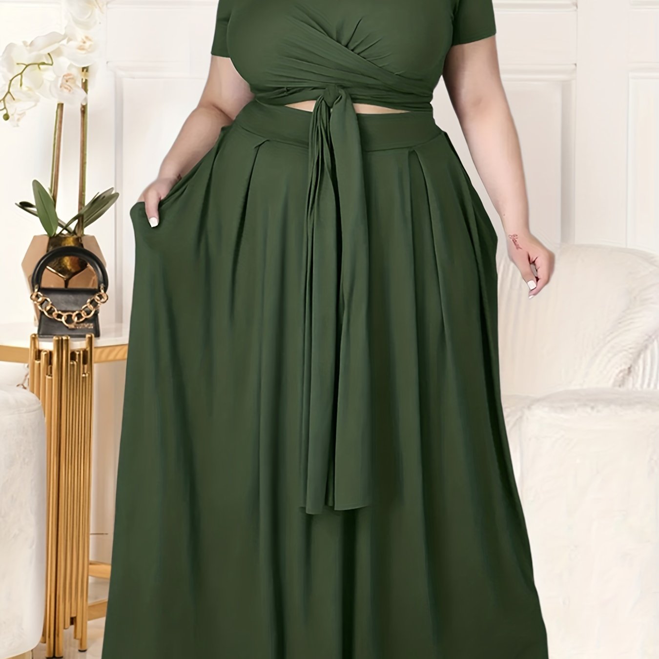 Plus Size Women's Solid Color Cross Tie Maxi Skirt Set, Casual Polyester Knit Dress with Short Sleeves, Round Neck, Pullover, Elastic Fabric, Fashionable Two-Piece Outfit