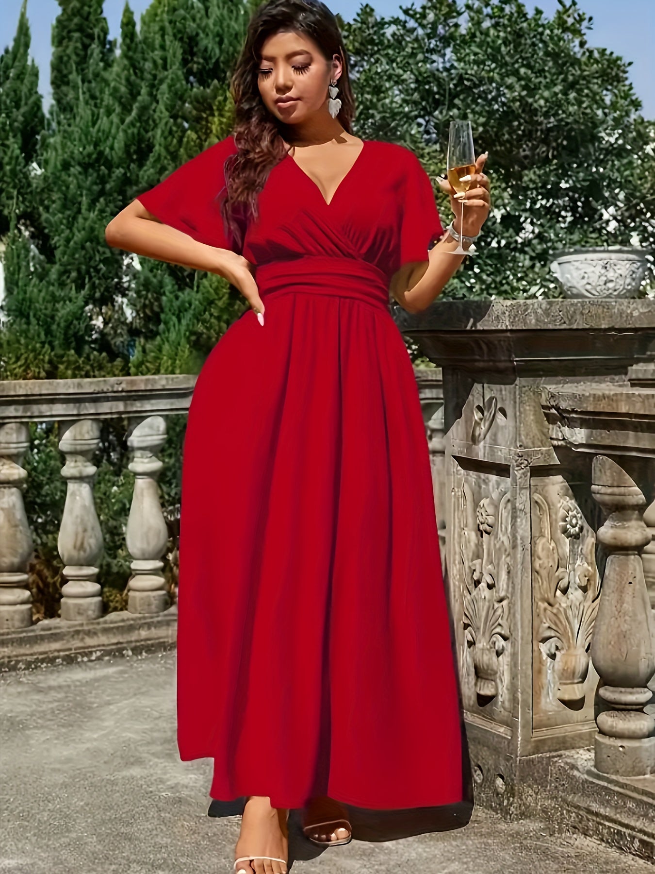 Elegant V-Neck Dress in Solid Color, Polyester, Machine Washable - All Seasons, Middle East Special Project Style, ALL/Global/All
