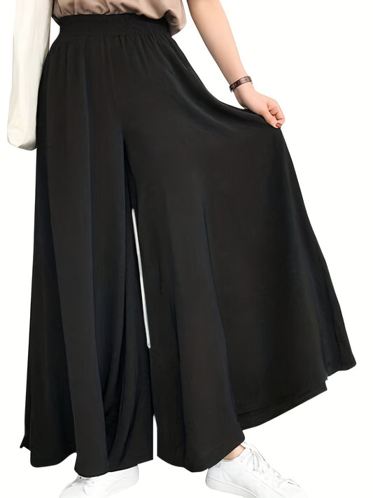 Pantalones casuales de talla grande para mujer, de tiro alto, elásticos, lisos, de pierna ancha y holgados.