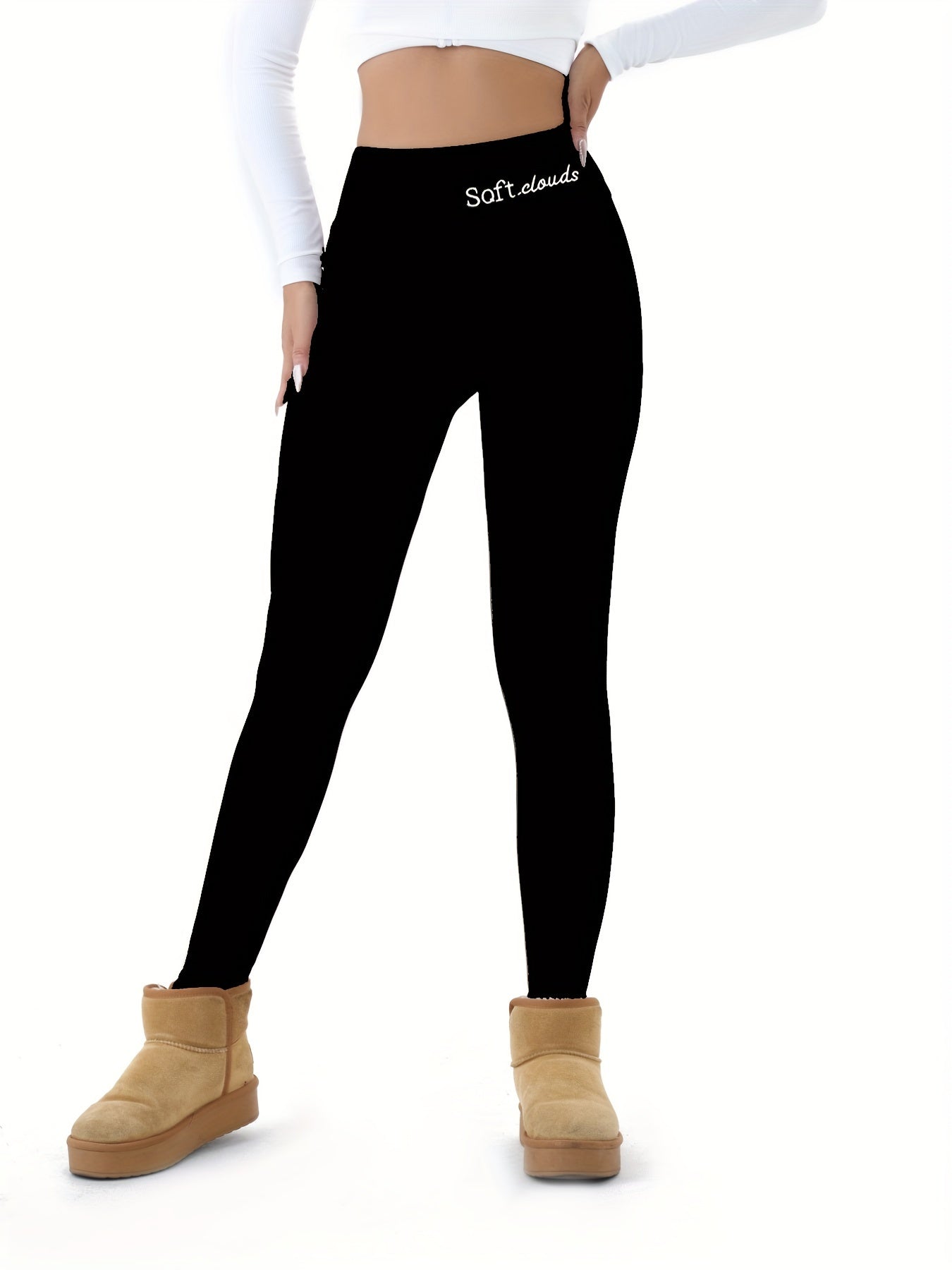 Women's Elegant Embroidered Fleece-Lined Leggings - Soft, Stretchy, Warm Fall & Winter Black Pants with Flame Detail, Plus Size Pants