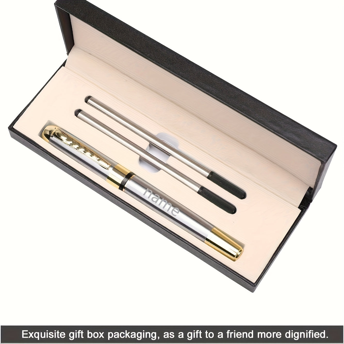 1pc Luxury Personalized Metal Ballpoint Pen Set with 2 Refills and Gift Box - Black & Silver, Engraved Name, Elegant Office and Business Men'S Gift