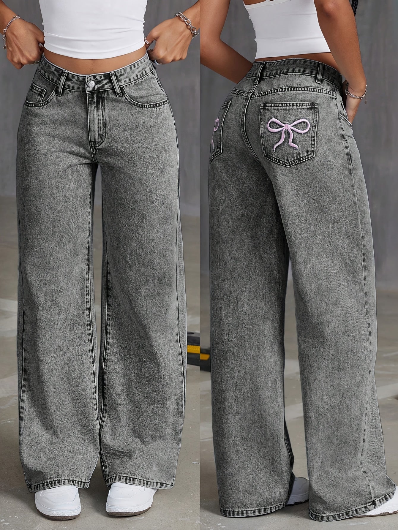 Jeans de mezclilla de moda para niñas HEY+JEANS, corte holgado largo, cintura ajustable, pierna ancha, bordado de mariposa, sin elasticidad, de temporada, cierre de cremallera, pantalones casuales juveniles.