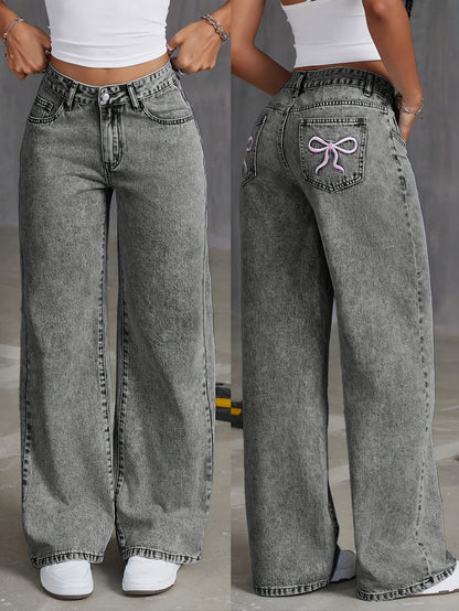 Jeans de mezclilla de moda para niñas HEY+JEANS, corte holgado largo, cintura ajustable, pierna ancha, bordado de mariposa, sin elasticidad, de temporada, cierre de cremallera, pantalones casuales juveniles.