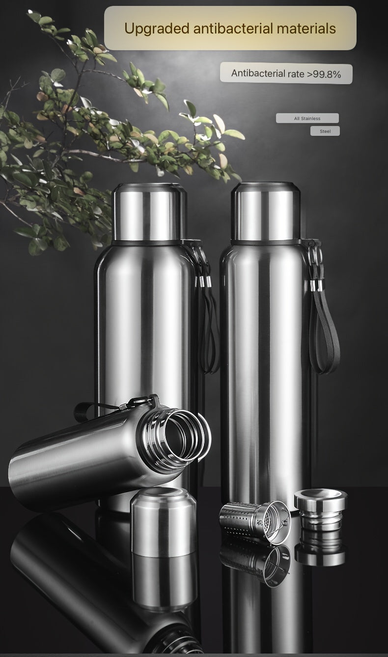 Botella de agua térmica de acero inoxidable: gran capacidad, a prueba de fugas y portátil para actividades al aire libre, deportes y viajes. Sin BPA.