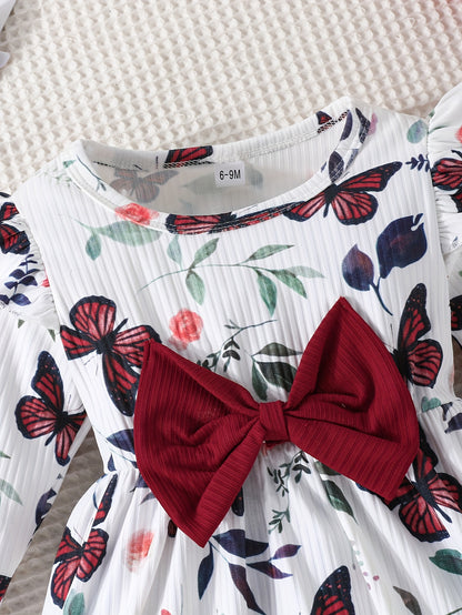 Conjunto de dos piezas para niñas pequeñas, sencillo y bonito, nuevo, de primavera y otoño, con estampado de mariposas rosas, mangas pequeñas con vuelo, vestido de cuello redondo, vestido de color liso con ranuras, conjunto combinado