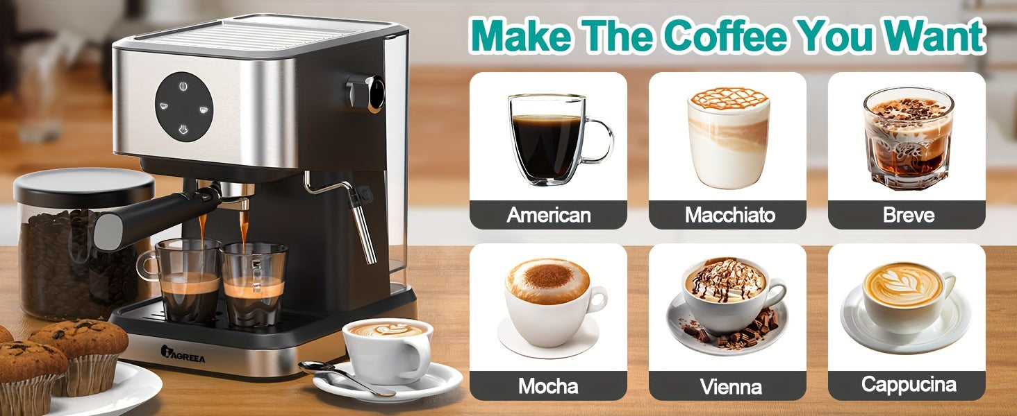 Espresso Machine, 20 Bar Expresso Coffee Machine, 1.5L Removable Water TankSemi-Automatic Coffee Machine With Steam Wand For Espresso, Latte, And Cappuccino, 1050W(FREE Add Plug Adapter)