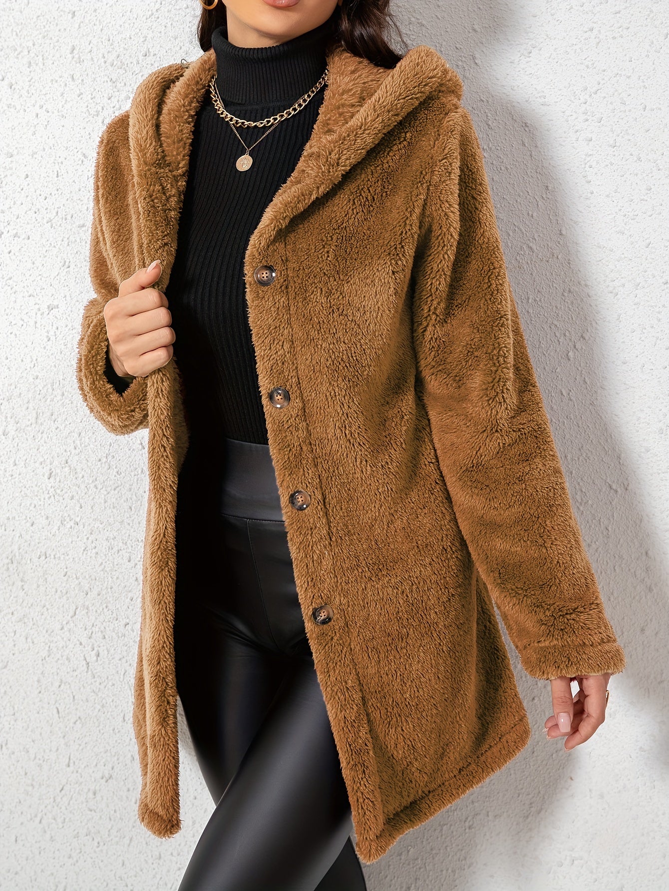 1pc Elegant Women'S Fleece Jacket, Polyester Knit Fabric, Solid Color, Fall/Winter Season, Cozy Warm Outerwear
