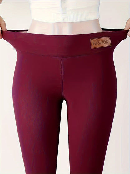 Women's Plush-Lined High Waist Leggings, Elastic And Comfortable, Casual Style Warm Pants For Winter, For Thermal Wear