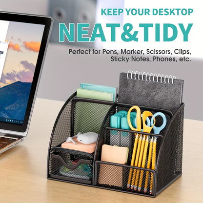 Black Mesh Desk Organizer with 7 Compartments - Large Capacity Pen Holder, Office Supply Caddy, Makeup Brush Storage, Durable Iron Construction, Painted Finish