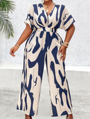 Plus Size, Women's Plus Size Batwing Sleeve Belted Print Jumpsuit