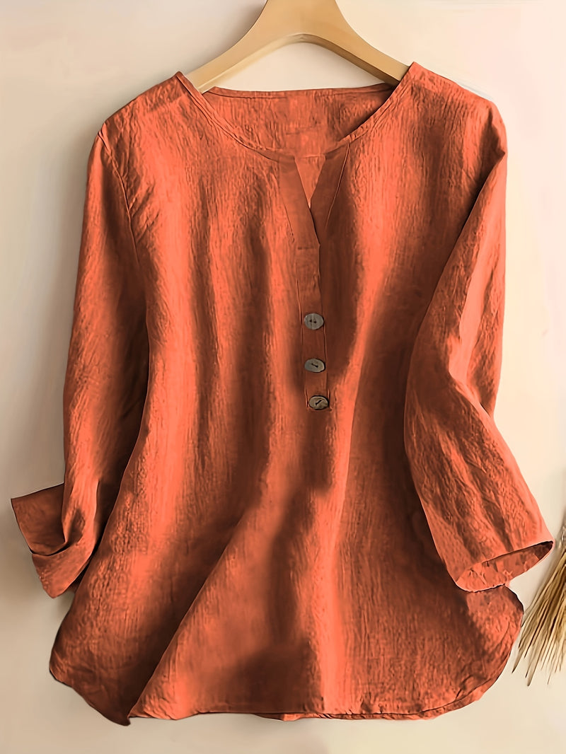 V-Neck Button-Up Top - Loose Fit Solid Color Pullover, Fashionable Casual V-Neck Shirt for Women, Relaxed Fit, Non-Stretch Cotton Linen Blouse