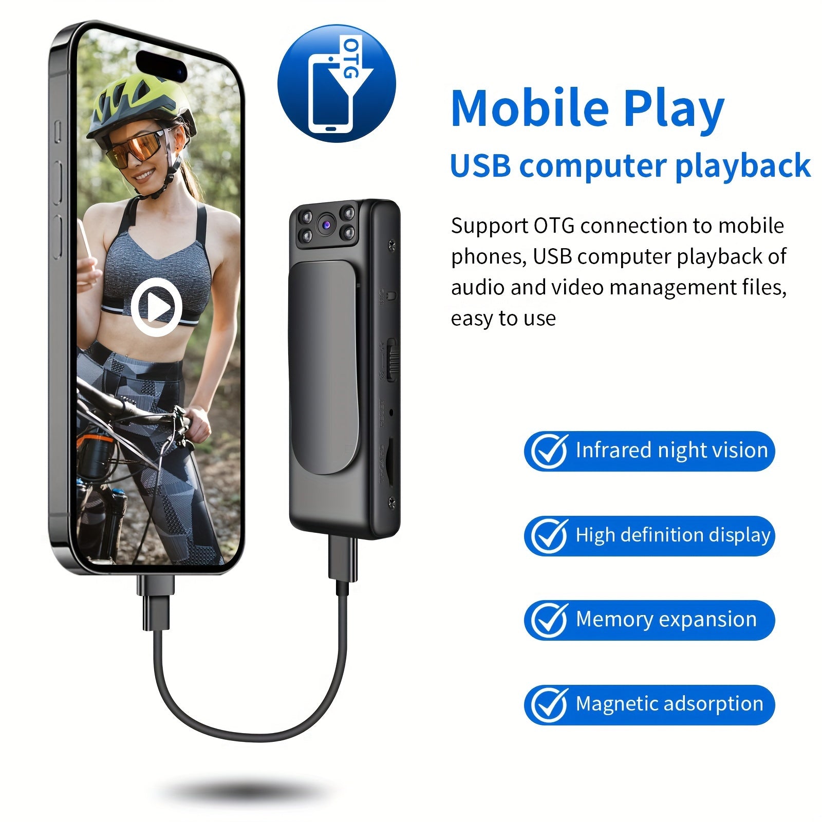 Cámara corporal portátil con audio: visión nocturna y gran angular para fuerzas del orden, guardias de seguridad y grabaciones deportivas (batería recargable por USB, 450 mAh)