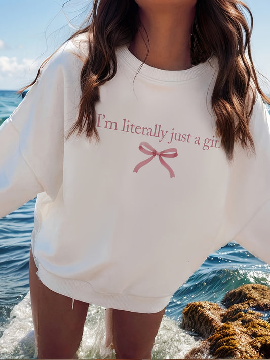 Casual Crew Neck Sweatshirt with Butterfly Graphic and Lettering, Long-Sleeve Pullover with Slight Stretch for Women, Loose Fit Knit Fabric Top for Fall/Winter