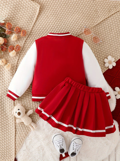 Conjunto de 2 piezas de chaqueta de béisbol con estampado de niña y falda plisada para exteriores, ideal para fiestas y deportes.