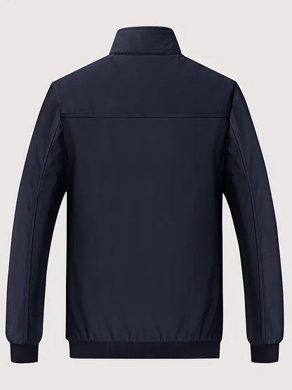 Men's Solid Color Stand Collar Fleece Lining Jacket, Warm Long Sleeve Zipper Coat, Comfy Trendy Cold-proof Cardigan For Fall And Winter As Gift