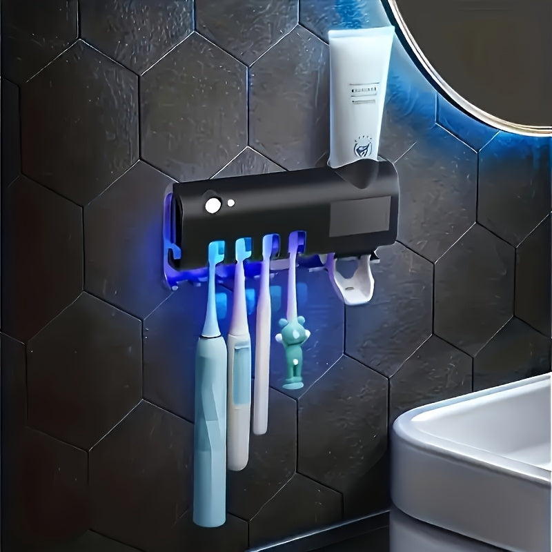 1pc Smart UV Disinfecting Toothbrush Holder with Solar Panel, Wall-Mounted 4-Slot Toothbrush Sanitizer and Squeegee Toothpaste Dispenser, Automatic Power-Off, Bathroom Accessory, No-Drill Installation, USB Rechargeable Lithiu