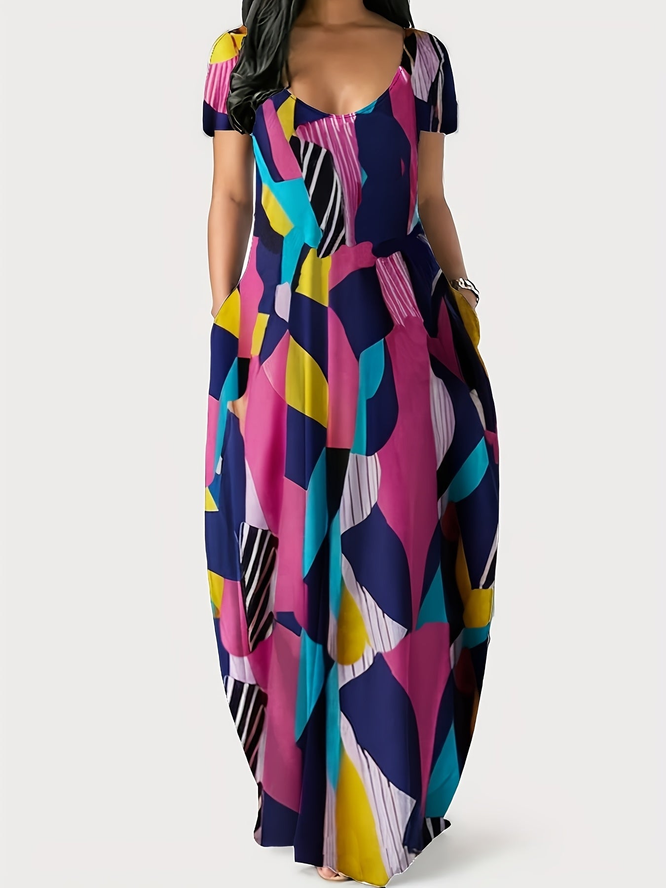 [1pc Plus Size Geometric Print Maxi Dress] 1pc Plus Size Geometric Print Maxi Dress, Stretchy Polyester Knit, Round Neck, Short Sleeve, Casual Loose Fit with Pockets, All-Season Versatile Style