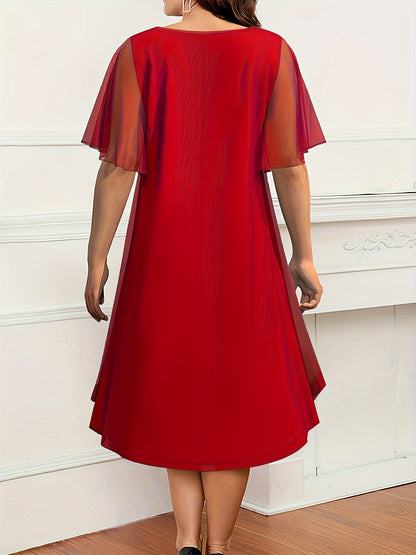 Elegant Plus Size Chiffon-Look Dress for Women - Crew Neck, Short Sleeve with Metallic Detail, Perfect for Spring/Summer/Fall
