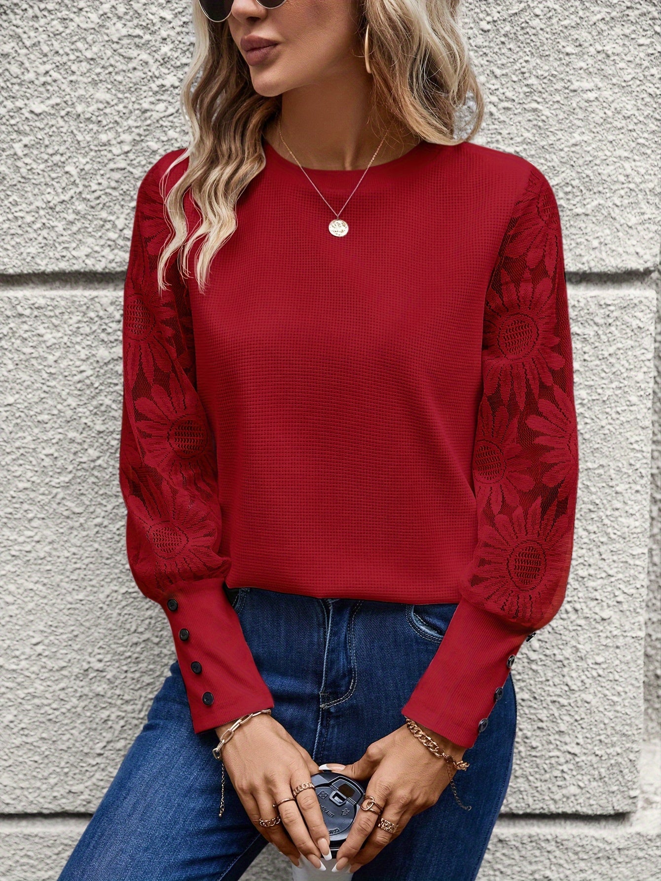 Floral Lace Splicing Elegant T-Shirt, Crew Neck Long Sleeve T-Shirt For Spring & Fall, Women's Clothing