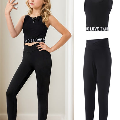 Girls' 2pcs Activewear Set: Stretchy Knit Crop Tank & Leggings - Machine Washable, Sleeveless, Solid Color - Perfect for Spring/Summer/Fall, Perfect for Outdoor