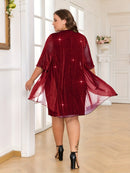 Plus Size - Elegant Plus Size Two-Piece Dress with Mesh Overlay - Navy Blue, Round Neck, Sleeveless, Flowy Design for Spring/Summer, Polyester Blend, Women'S Fashion, Plus Size Dresses