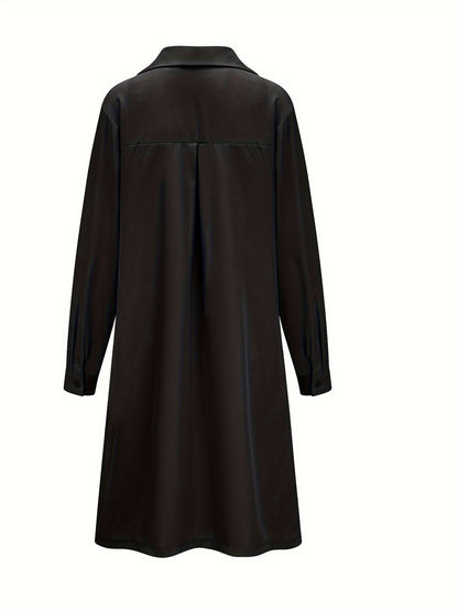 Plus Size Casual Dress, Women's Plus Solid Button Up Long Sleeve Turn Down Collar Shirt Dress