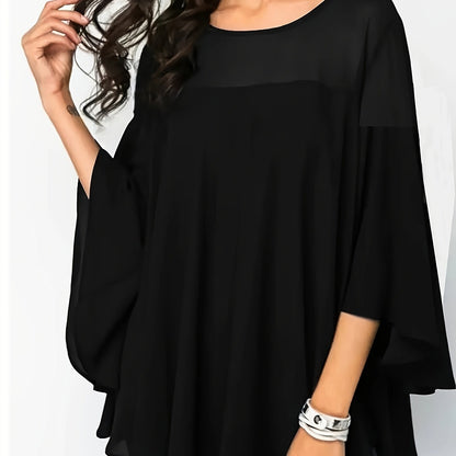 Plus Size Asymmetrical Hem Blouse, Casual Solid Crew Neck Blouse For Spring, Women's Plus Size Clothing