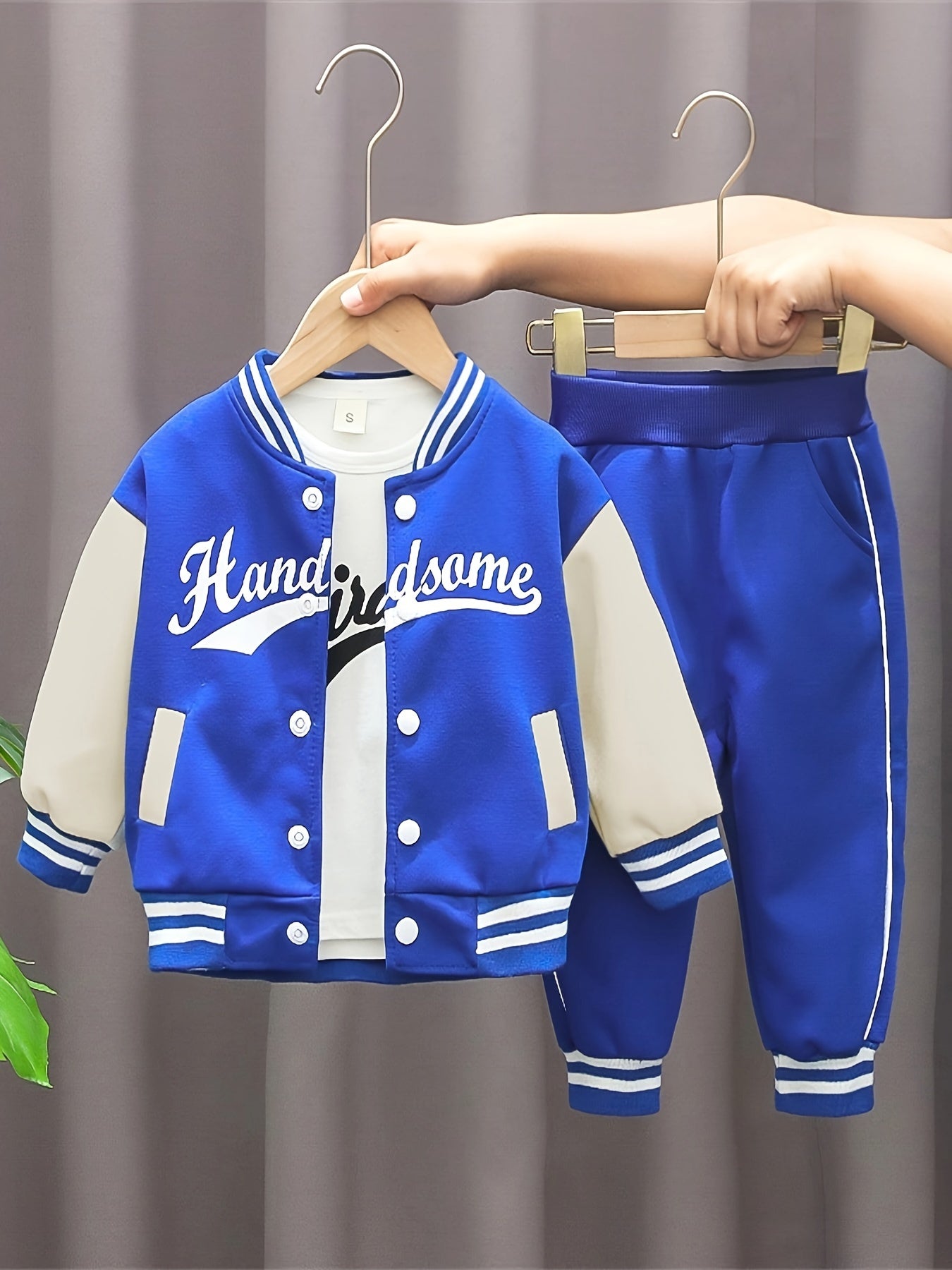 3pcs 95% cotton Boy's Letter Print Long Sleeved Baseball Suit, Casual Crew Neck Slightly Stretch Set, Ideal For Daily And Outdoor Wear