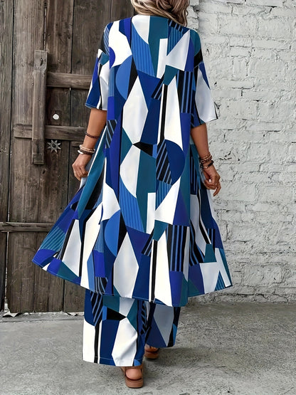 Chic Plus Size Geometric Print Women's Ensemble - Open Front Long Sleeve Shirt & Wide-Leg Pants - Elegant Polyester Casual Outfit for Fashion-Forward Ladies, Machine Washable, Plus Size Casual Outfits Set