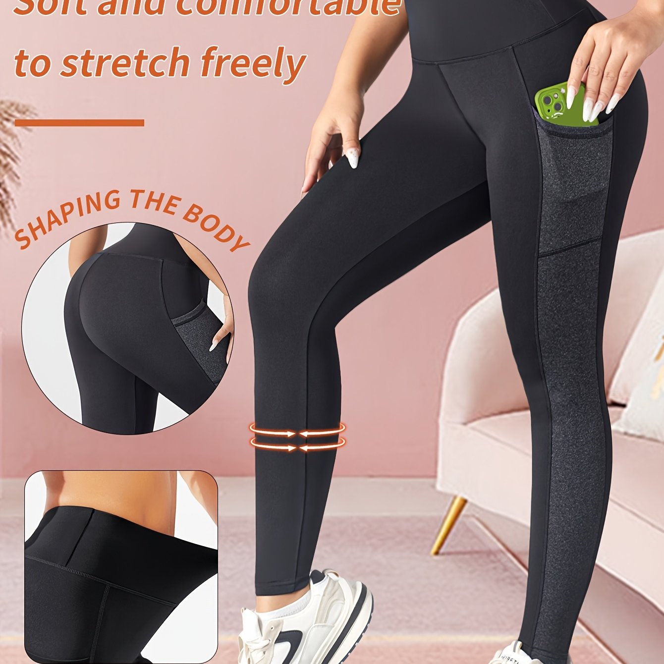[1pc Women'S High Waist Yoga Leggings] 1pc Women'S High Waist Yoga Leggings with Contrast Color Pocket, Soft Stretchable Polyester Knit Sports Pants, Breathable Activewear for All Seasons