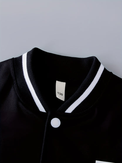 Conjunto de 2 piezas de chaqueta universitaria con estampado de letras para niño, chaqueta bomber y pantalón estilo preppy, ropa infantil para otoño e invierno, uso diario y al aire libre, como regalo.