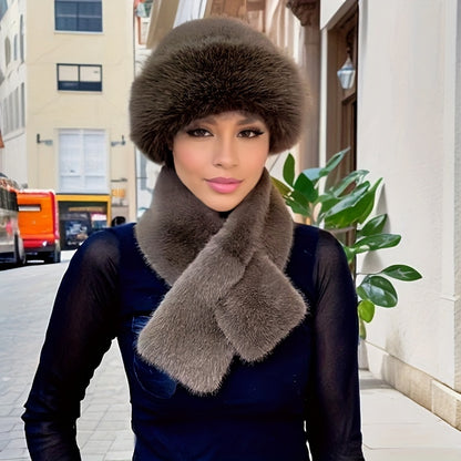 Women'S Luxurious Faux Fur Hat and Scarf Set, Winter Warmth Thickened Polyester Fox Fur Cap with Earmuffs, Elegant Festive Gift, Knitted No-Brim Hat, Non-Stretch, Hand Wash Only