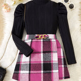 Elegant Girls' 2pcs Set: Mock Turtleneck Long Sleeve Top with Asymmetrical Plaid Skirt & Waist Detail - Machine Washable, Polyester Blend