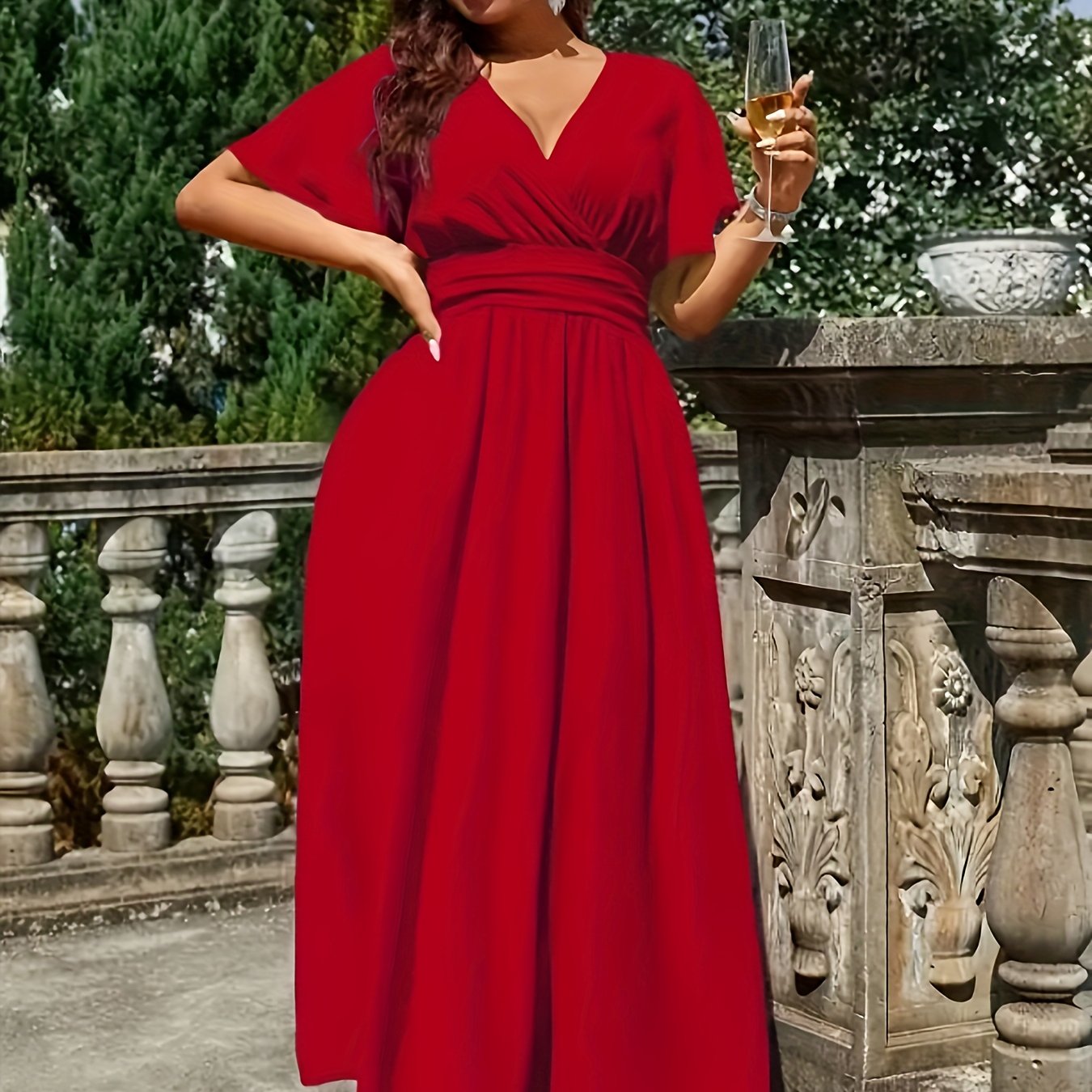 Elegant V-Neck Dress in Solid Color, Polyester, Machine Washable - All Seasons, Middle East Special Project Style, ALL/Global/All