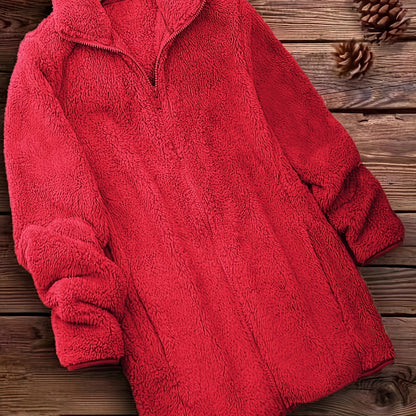 Plus Size Solid Color Fuzzy Coat, Casual Zipper Front Long Sleeve Warm Outerwear For Fall & Winter, Women's Plus Size Clothing