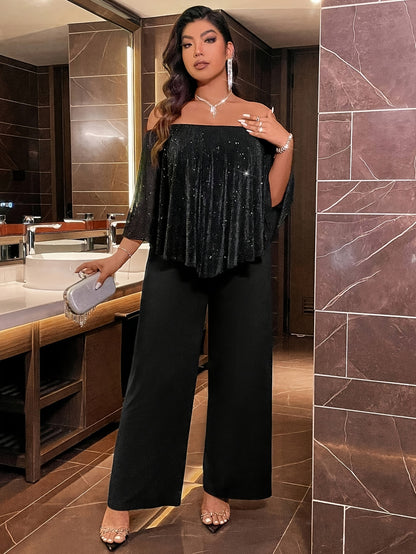1pc Elegant Off-the-Shoulder Glitter Top and Culottes Set for Women, Polyester Knit Fabric with Slight Stretch, Solid Color, Spring/Summer/Fall Fashion, 96% Polyester 4% Elastane