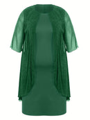 Plus Size - Elegant Plus Size Two-Piece Dress with Mesh Overlay - Navy Blue, Round Neck, Sleeveless, Flowy Design for Spring/Summer, Polyester Blend, Women'S Fashion, Plus Size Dresses