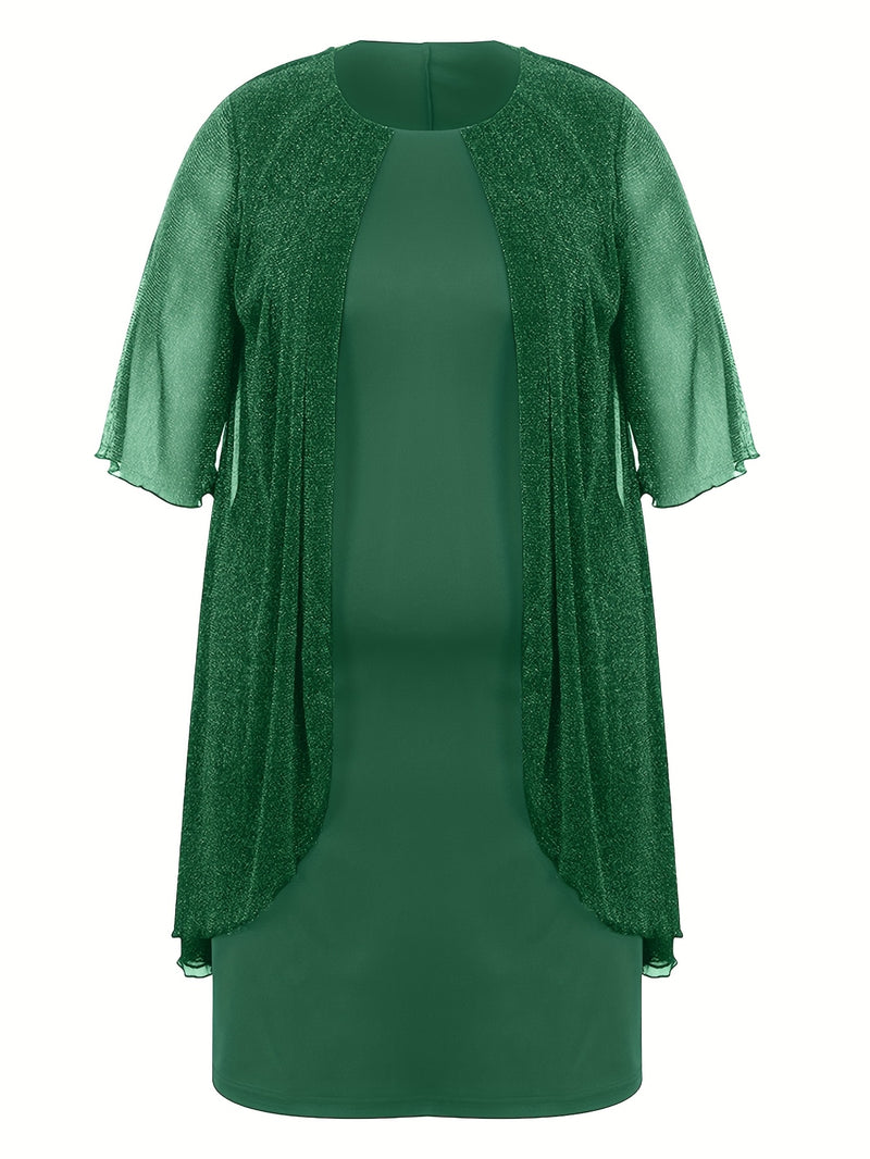 Plus Size - Elegant Plus Size Two-Piece Dress with Mesh Overlay - Navy Blue, Round Neck, Sleeveless, Flowy Design for Spring/Summer, Polyester Blend, Women'S Fashion, Plus Size Dresses