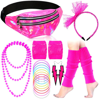 80s Fashionable Party Outfit Set for Women, Neon Retro Theme Cosplay Costume with Tutu Fanny Pack