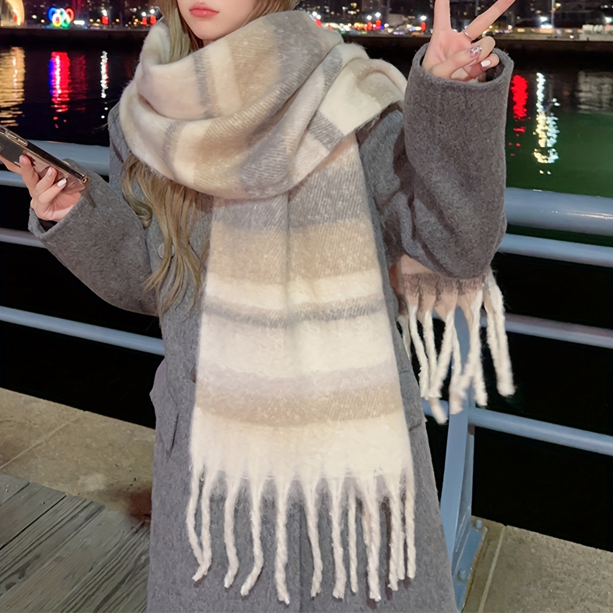 1 Elegant Maillard-Inspired Striped Chunky Knit Scarf for Women - Cozy Thickened Fleece Blend, Versatile Shawl with Tassels - Warm, Windproof & Decorative for Winter Outings - Cream and Gray