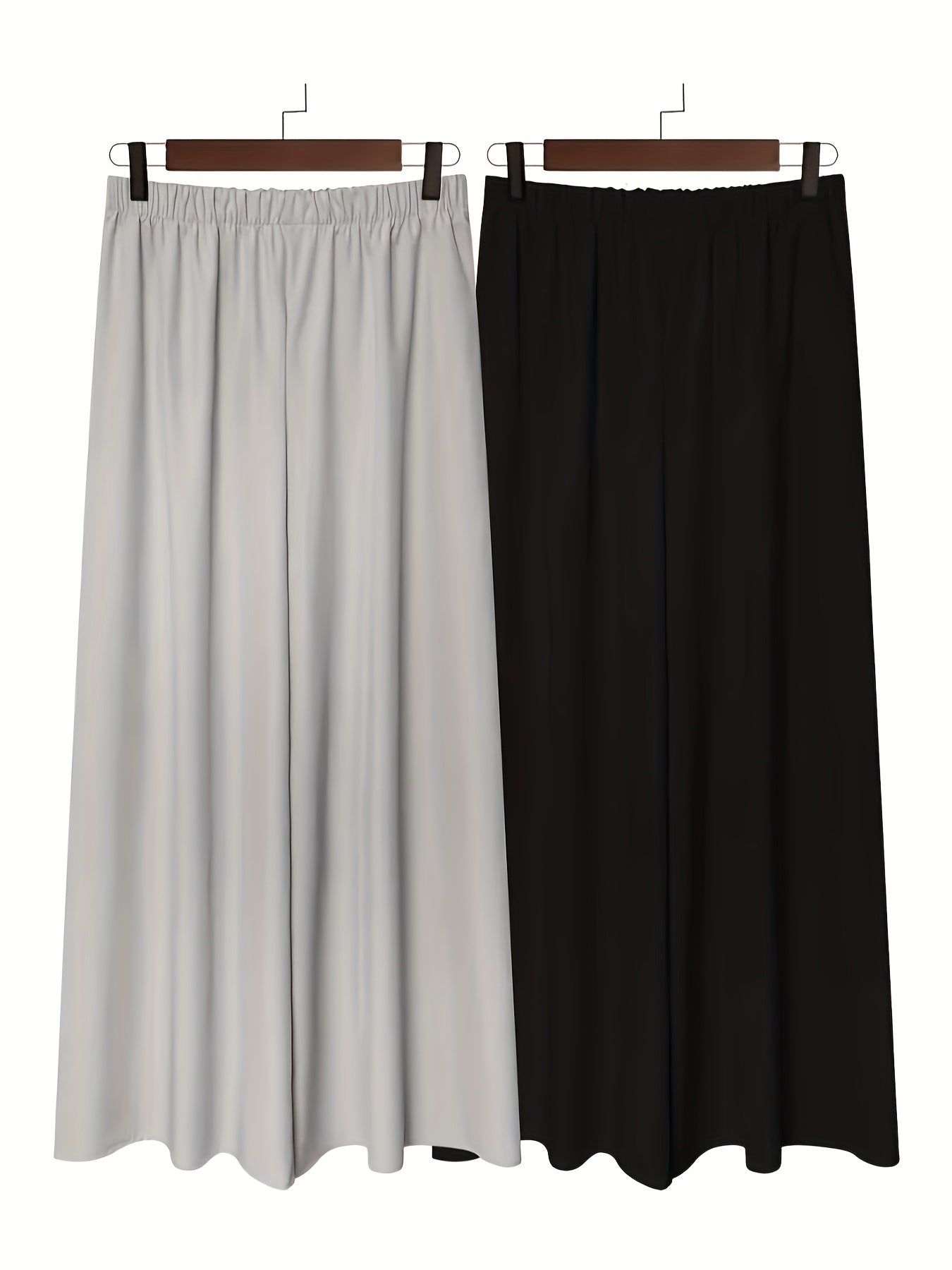 Plus Size - 2pcs Plus Size Wide-Leg Culottes - Casual High-Waist Pants with Elastic Waistband, Non-Stretch Fabric, Solid Color, Relaxed Fit for Spring/Summer/Fall, Casual Attire|Elastic Waistband Pants|Nonstretch Fabric