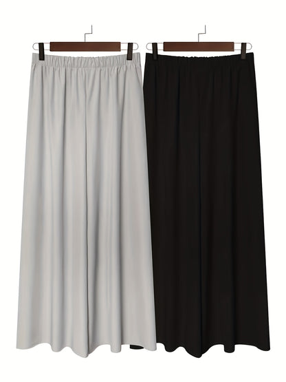 Plus Size - 2pcs Plus Size Wide-Leg Culottes - Casual High-Waist Pants with Elastic Waistband, Non-Stretch Fabric, Solid Color, Relaxed Fit for Spring/Summer/Fall, Casual Attire|Elastic Waistband Pants|Nonstretch Fabric