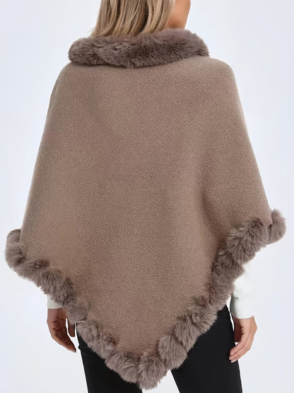 Women's Elegant Cream-Colored Knit Sweater with Faux Fur Trim - High Neck, Batwing Sleeves, Cozy Autumn/Winter Pullover Shawl Cape, Autumn Wardrobe Accessory|High Neck Pullover|Plush Lining