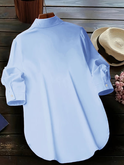 Blusa de talla grande con dobladillo curvo, informal, con cuello abotonado para primavera, ropa de talla grande para mujer.